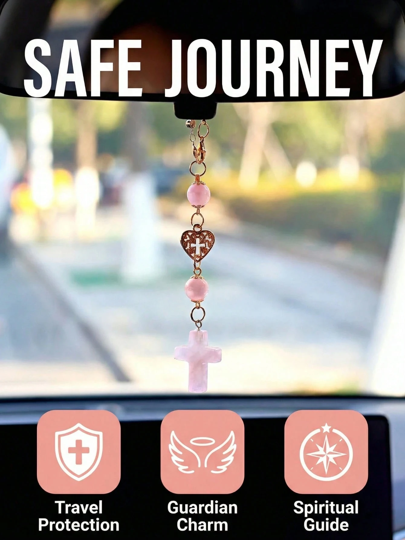 Natural Crystal Cross Car Rearview Mirror Decoration, Heart-Shaped Cross Pendant, Holiday Gift for Women