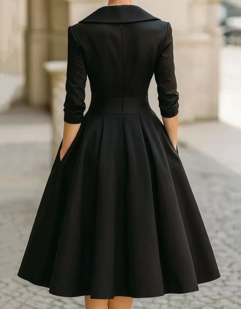 여성용 패셔너블한 출퇴근용 라펠 크로스 플리츠 허리 A라인 원피스