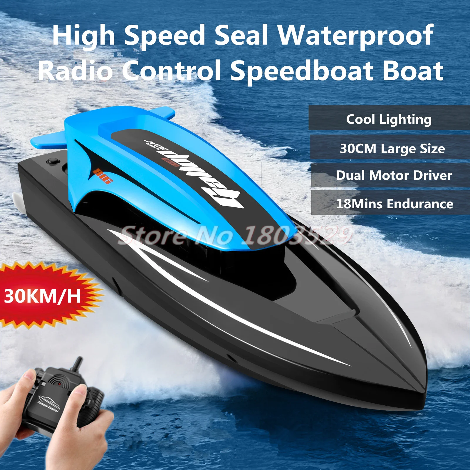 30KM/H Seal Waterproof Radio Control Speedboat Boat 2.4G 18Mins 30CM Large Size High Speed Dual Motor LED Light RC Boat Kids Toy