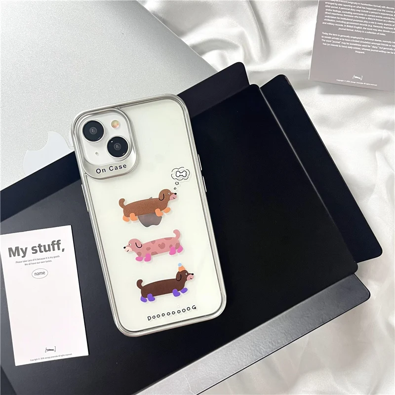 Coque de téléphone transparente avec cadre galvanisé INS Cartoon, coque arrière pour iPhone 15, 14 Plus, 13 Pro Max, 12 Pro, 3 chiens à saucisses