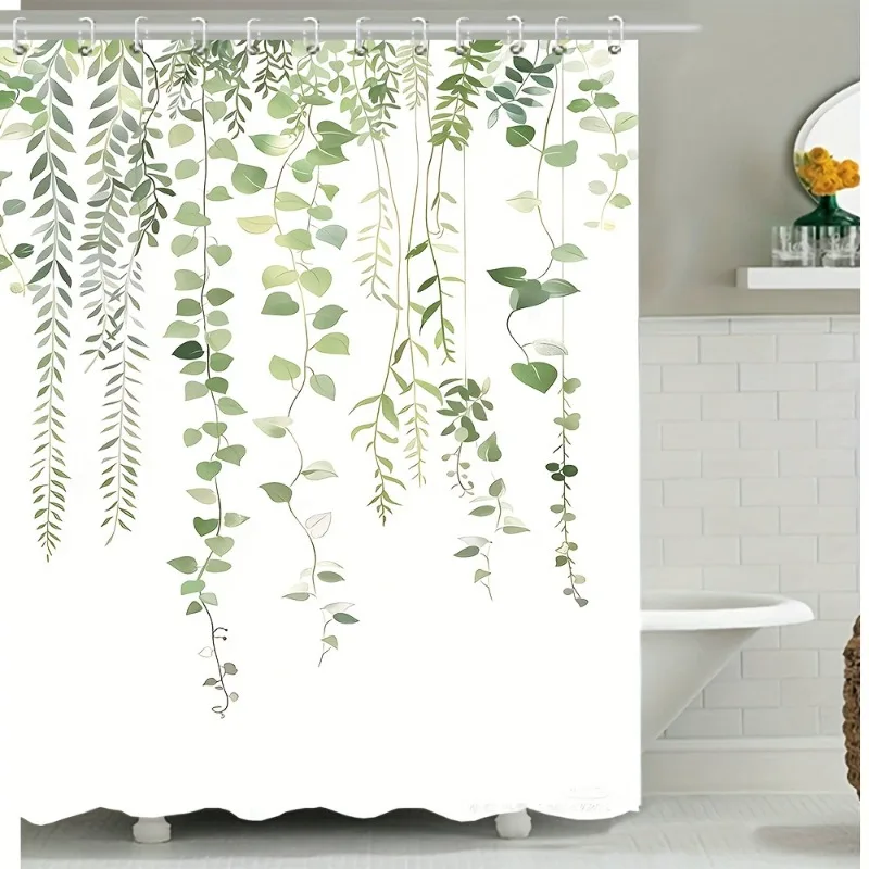 small leaf shower curtain polyester -   With Hooks Waterproof Mildew Proof Easy Install Washable