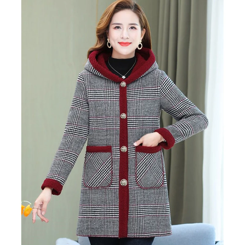 New Women Winter Jacket Fashion Plaid Long Coats Hooded Parka Overcoat Warm Woolen Blended Jacket Lady Outerwear Female Tops 5XL