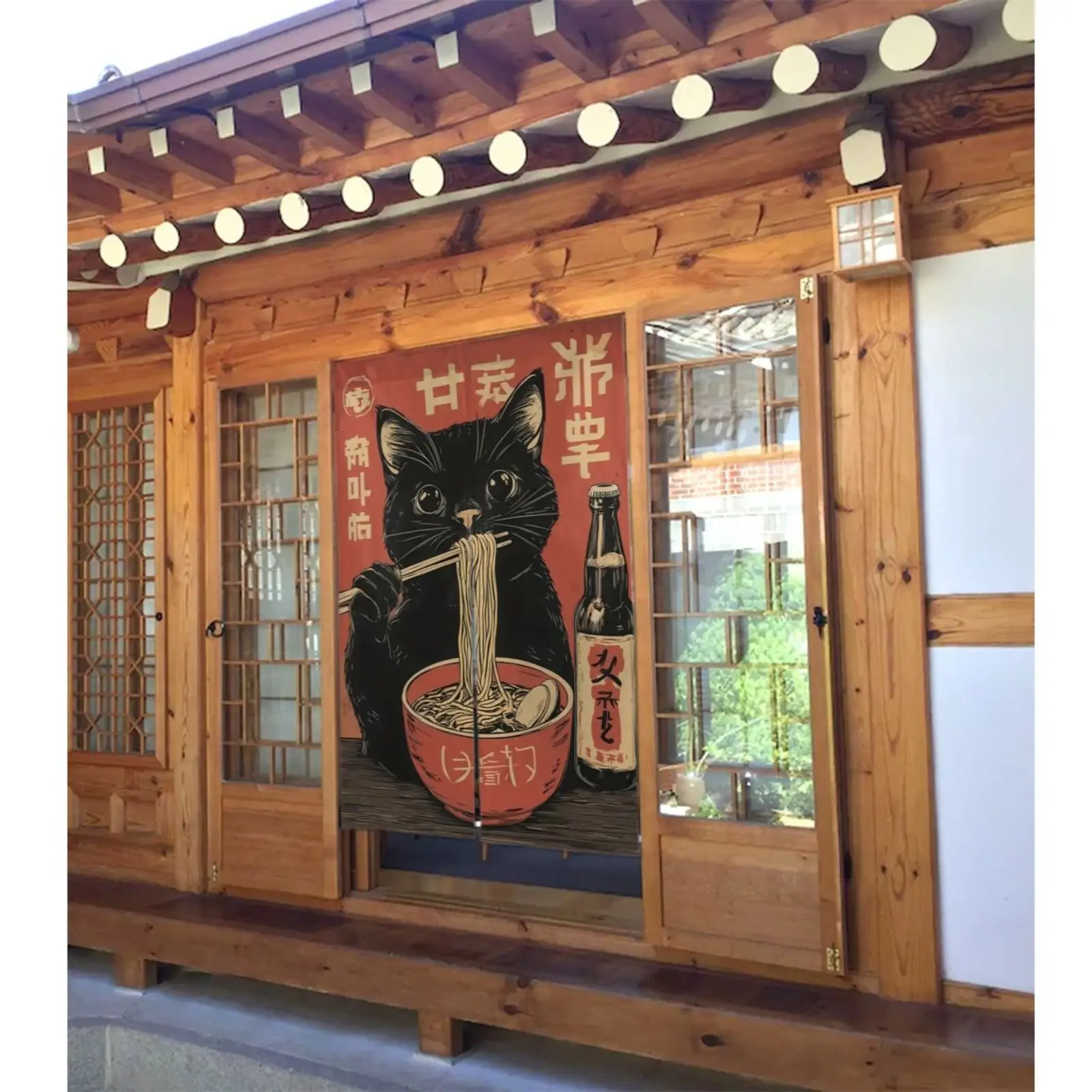 Japanese Cat Eating Ramen Door Curtain Noodle Art Decor Retro Kitchen Partition for Home