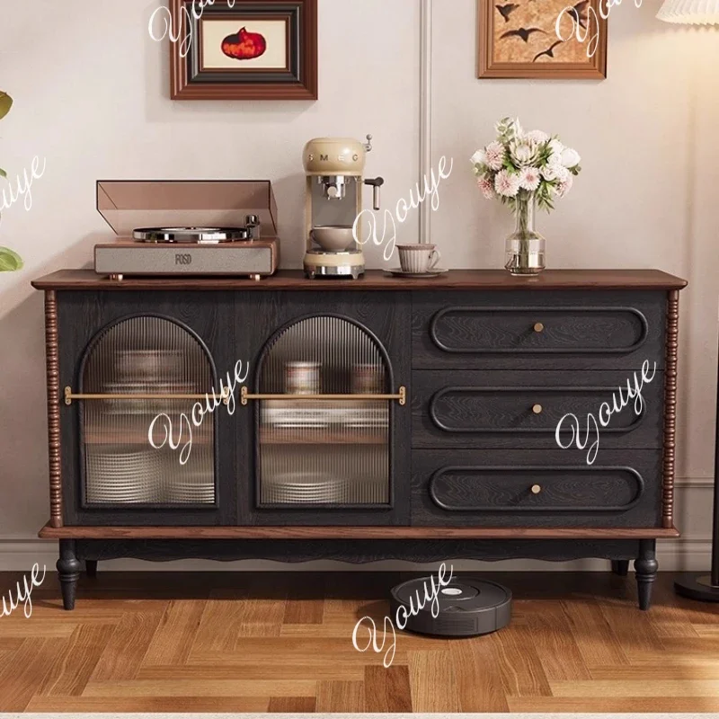 French Retro Solid Wood Dining Side Cabinet Household Small Apartment Glass Door Side Cabinet Medium Antique Living Room Storage
