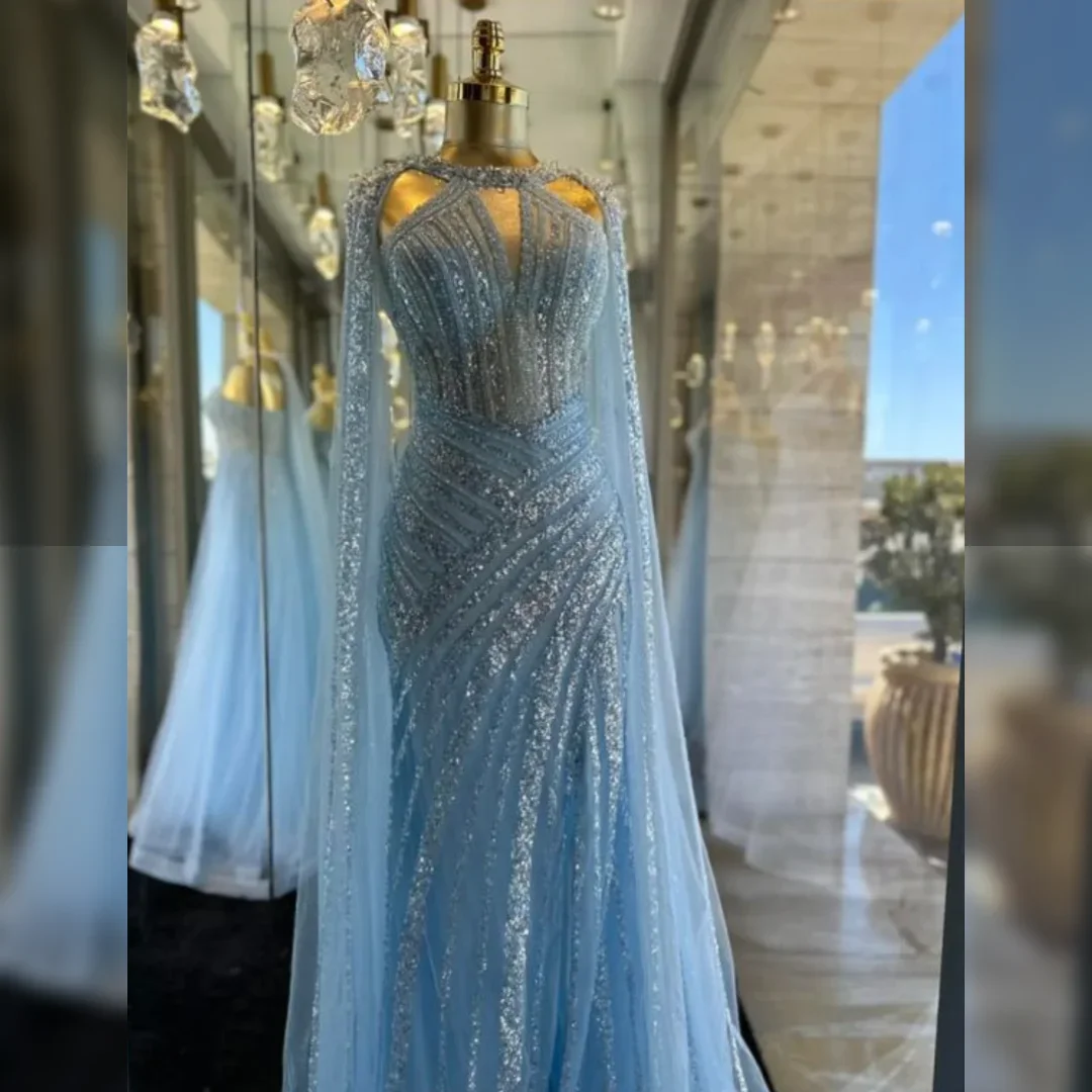 Serene Hill Blue Cape Sleeves Mermaid Beaded Evening Dresses Split Open Party Gowns For Women 2025 DLA72085 Customized