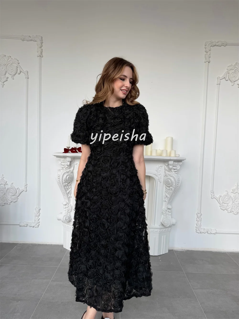 Aangepaste maten beschikbaar Prachtige handgemaakte bloemplooi A-lijn Ronde Hals Midi-jurken Avondjurken Chinese stijlmode