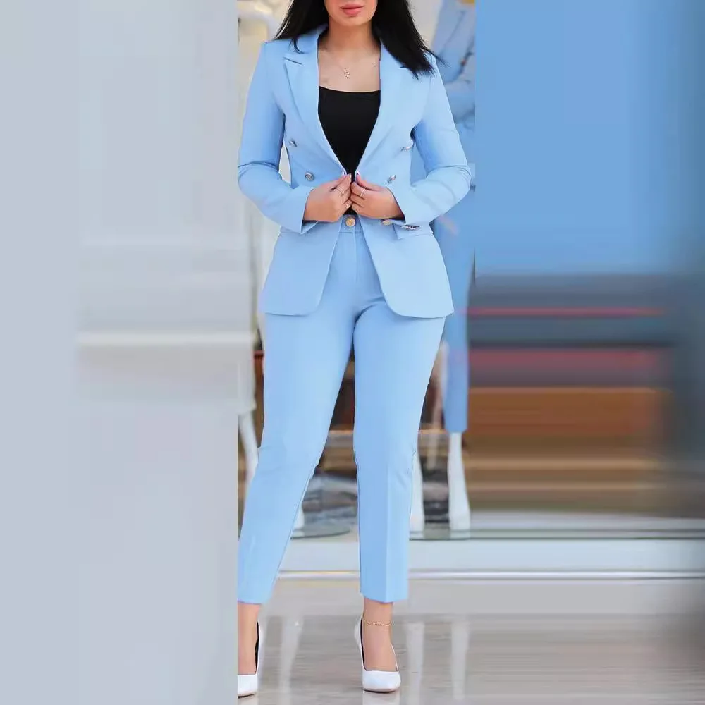 2024 Autumn Winter Women\'s Fashion Suit Solid Color Slim Waist Long-sleeved Suit Jacket + High-waisted Small Pants Office Suit