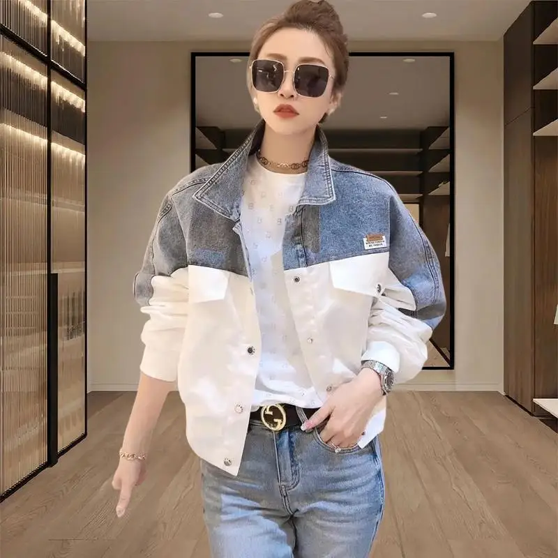 American Casual Denim Short Jacket Women Spring Autumn Popular Small Size High Waist Loose Coat Top for Commuting