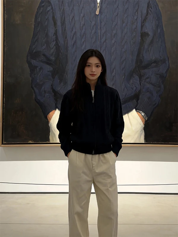 

Olive een Double Zipper Stand Collar Knitted Sweater Coat Men Winter Lazy High-End Feeling Twisted Flower Cardigan Sweater