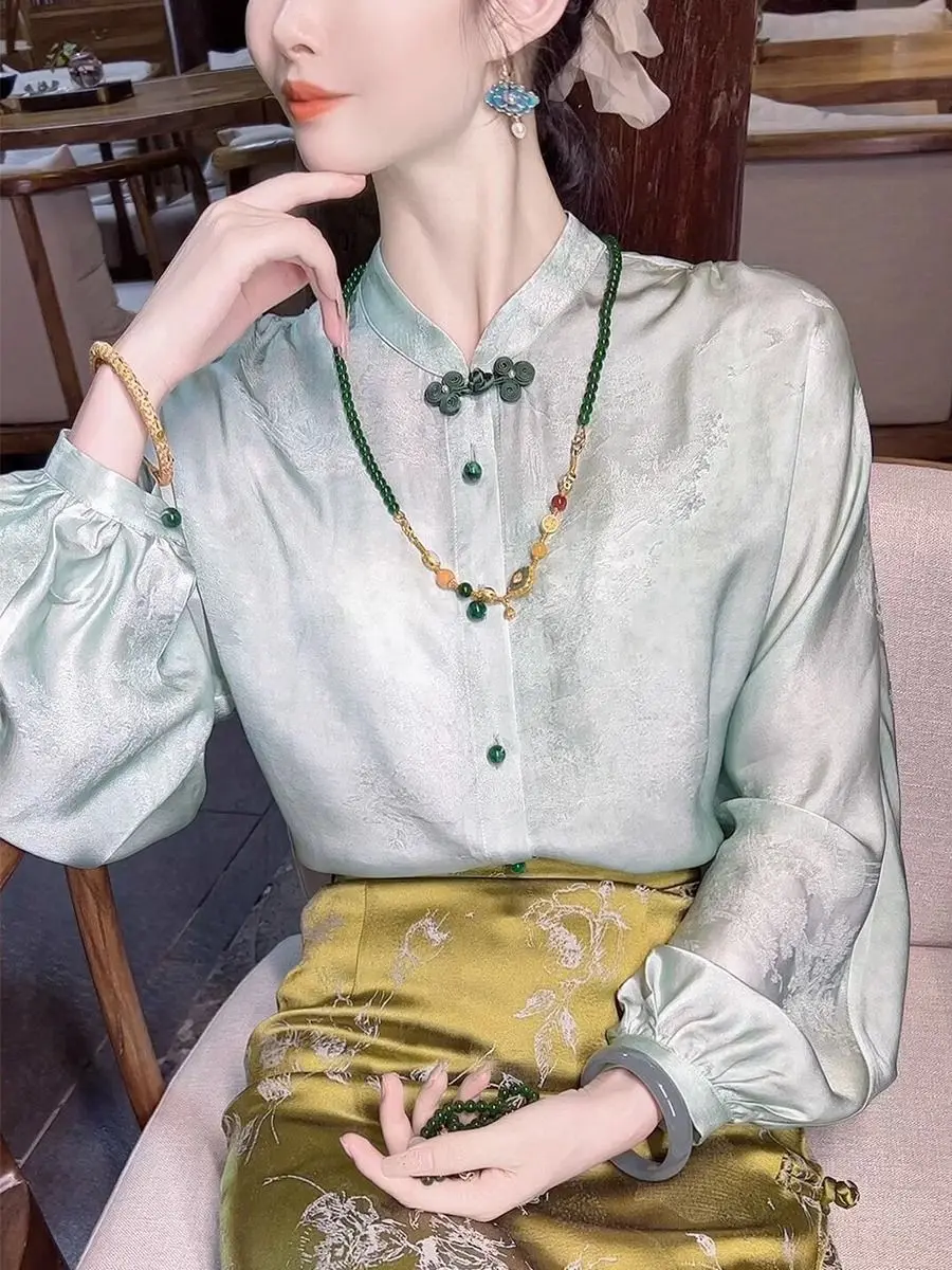 بلوزات جاكار من الحرير الساتان للنساء بأكمام طويلة وفانوس قمصان فضفاضة للمكتب ملابس غير رسمية كبيرة الحجم