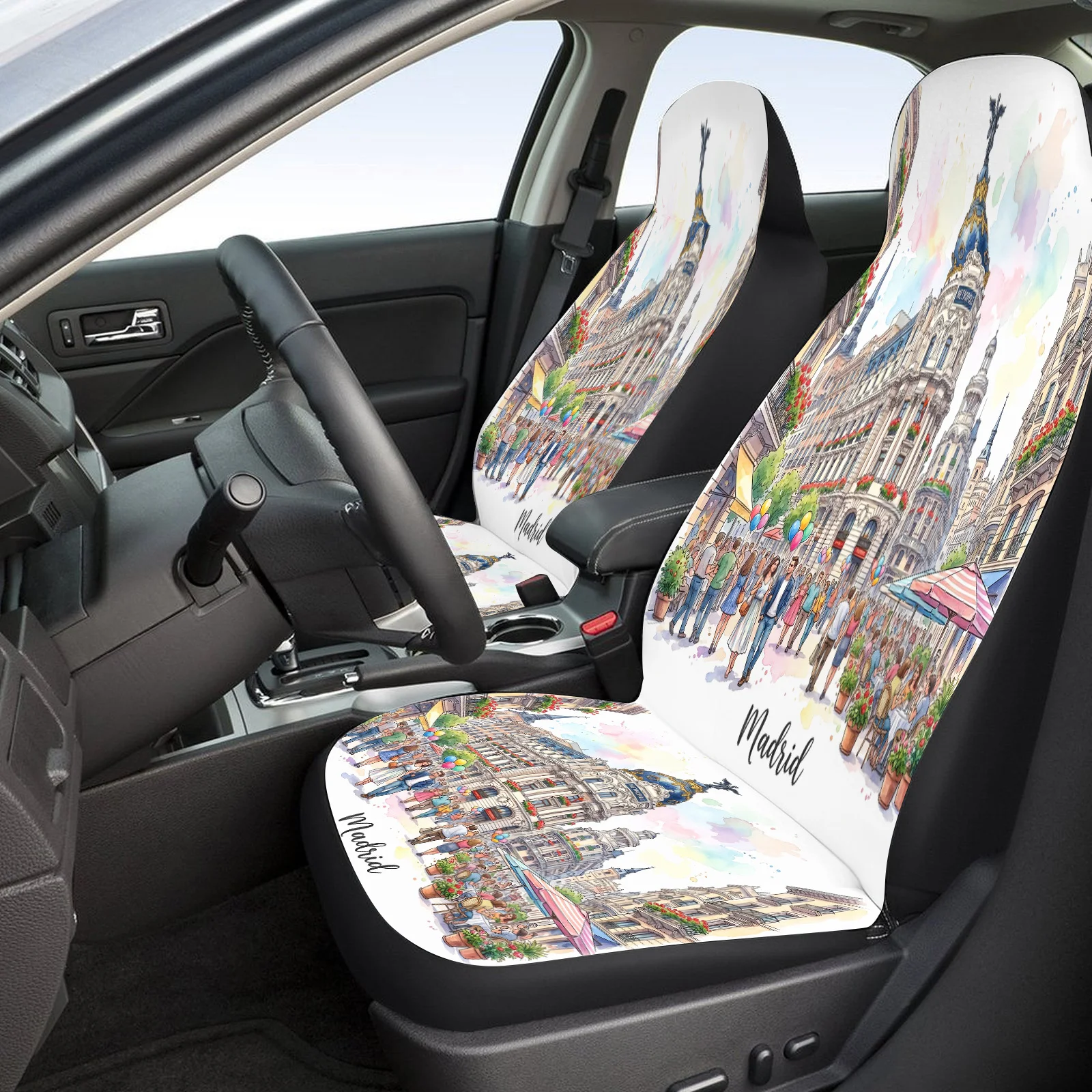 Madrid Street Scene Themed Car Seat Cover Set For Most Cars Trucks, Trendy Breathable Car Seat Protector Covers Full Set, Univer