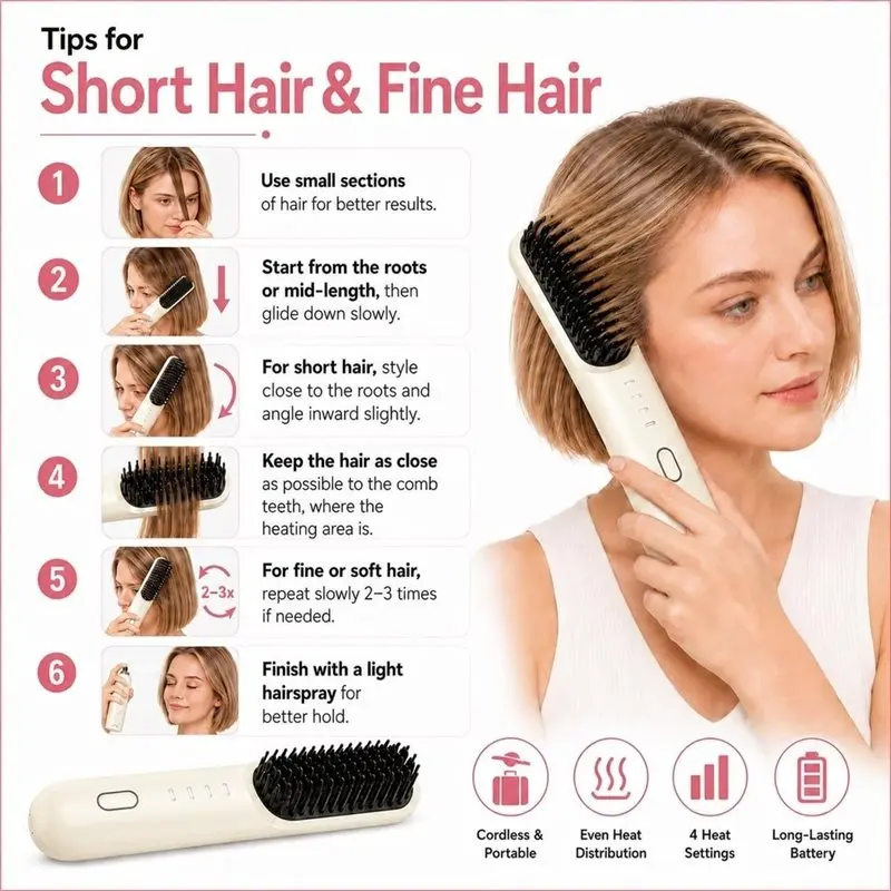 [NEWA66Z!】 Beige Cordless Hair Straightening Brush,4 Temperature Settings, Fast Heat, MCH Care,For Frizz-Free Styling