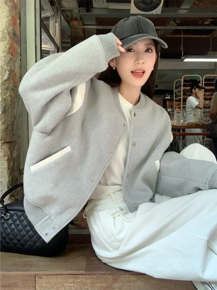 ​Petite Friendly Short Baseball Jacket 2025 Autumn Winter Retro Grey Casual Coat Versatile for Office Streetwear​