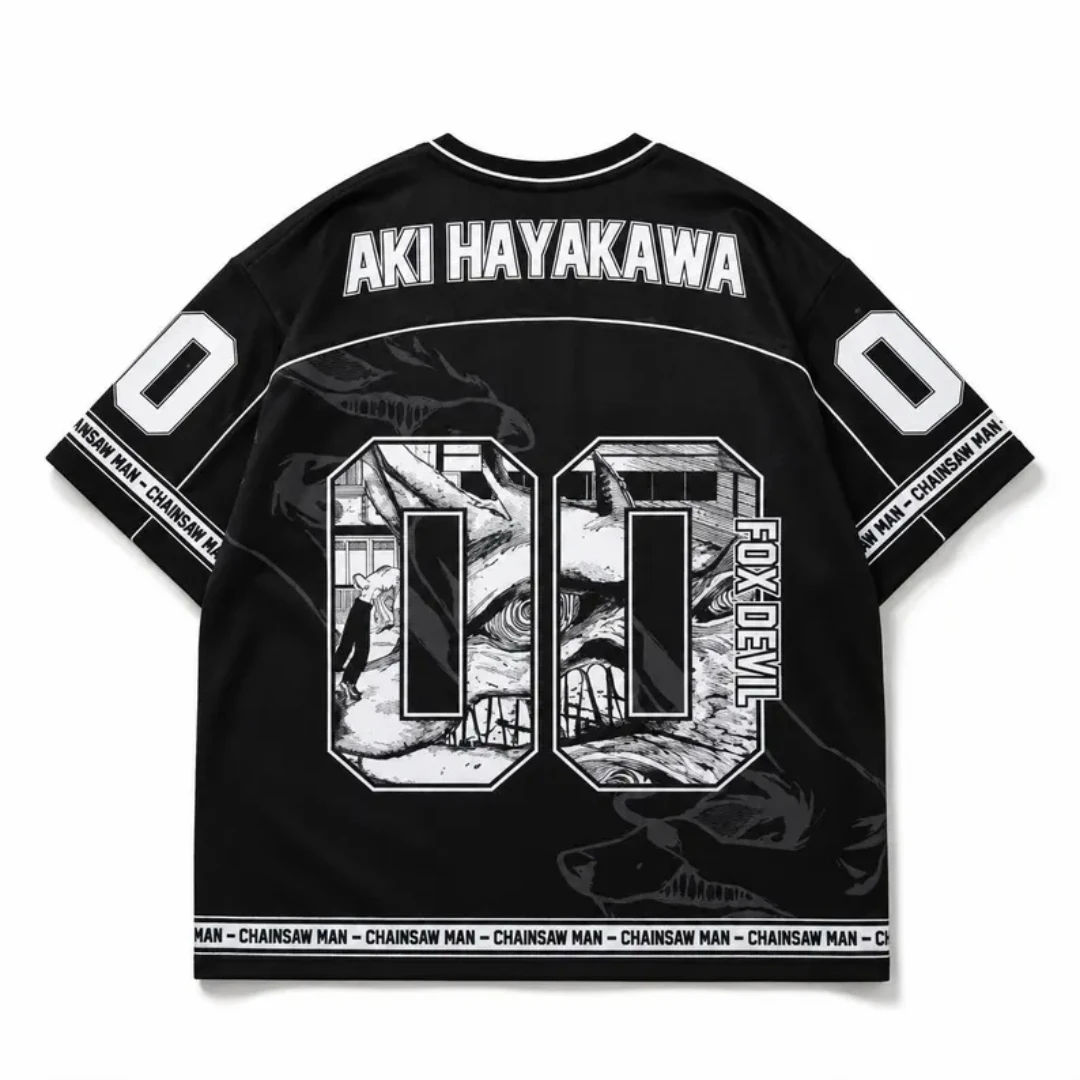 Aki Hayakawa Breathable Mesh Black and White V-neck Anime Fox Devil Manga 00 Pattern Sports Loose Casual T-shirt