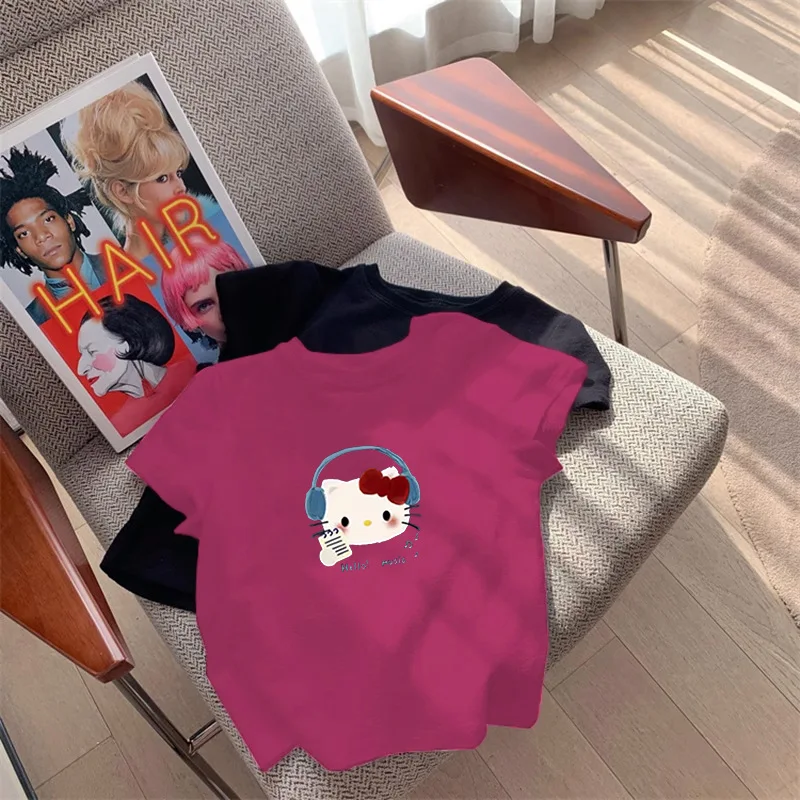 Cute Hello Kitty T Shirt Women Round Neck Short Sleeve Soft Cotton Cute Cartoon Print Y2K Casual Slim Basic Summer Tee Tops