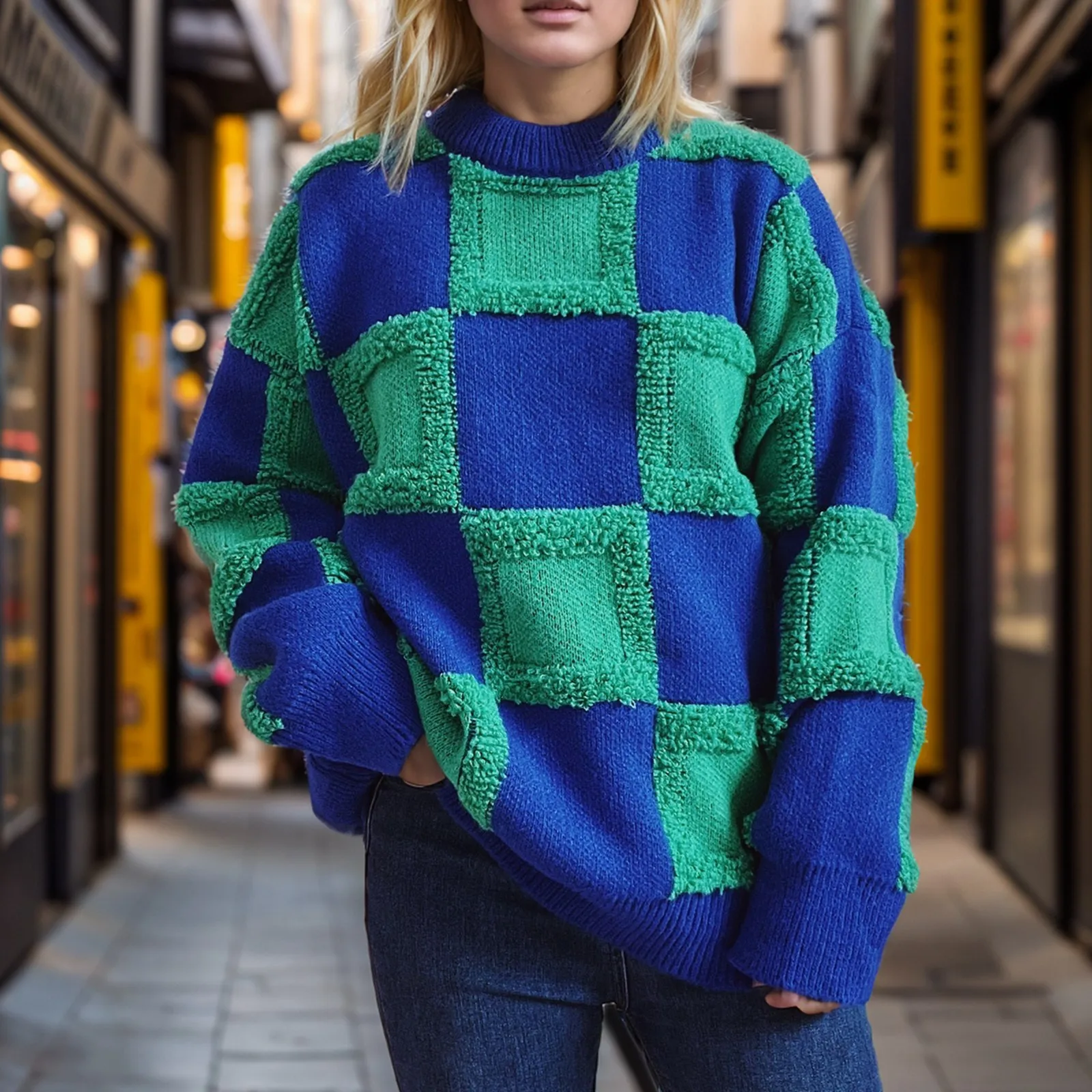 

Color Block Plaid Oversized Knit Sweater For Women Trendy Pullover Cactus Pullover Sweater Mens Matching Sweat Shirt And Pants