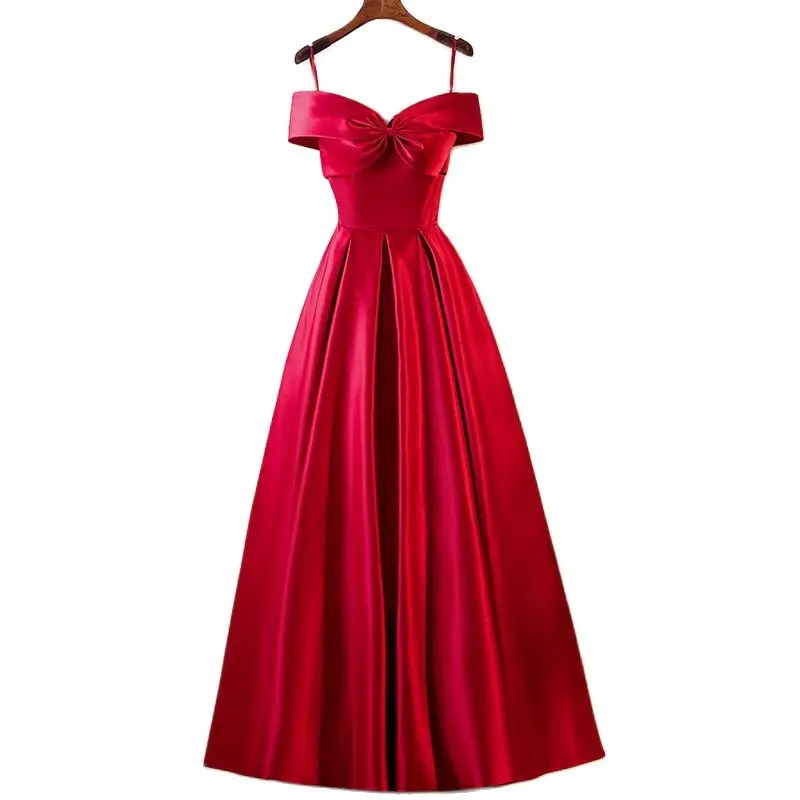 N109 sexy barco pescoço cetim vestido de noite elegante mulher aniversário vestido de baile menina princesa longo robe rendas até vestidos de festa de casamento