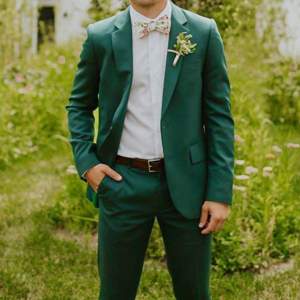 Fashion Green Wedding Suits for Men Two Piece Chic Notch Lapel Single Breasted Groom Best Man Tuxedo Slim Fit (Jacket+Pants)