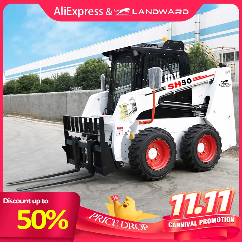 Factory Direct Sale SH50 Small Skid Steer Loader 2 Tons Wheel Crawler Mini Loader 900kg Skid Steer Loader Accessories Customized