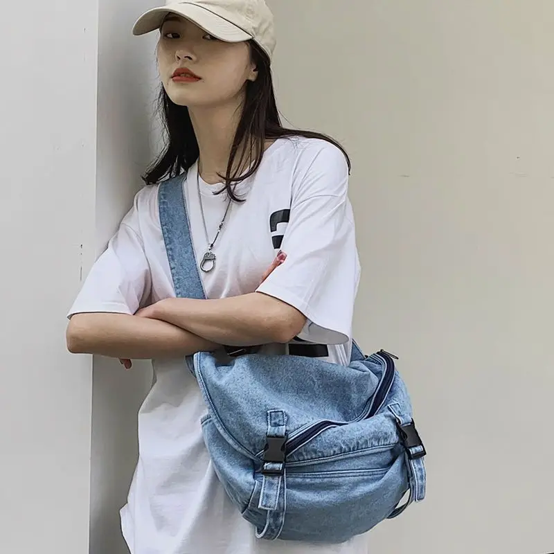 Korean Retro Washed Denim Crossbody Bag Women Street Trend Casual Large Capacity Shoulder Messenger Bag Couple Canvas Bag