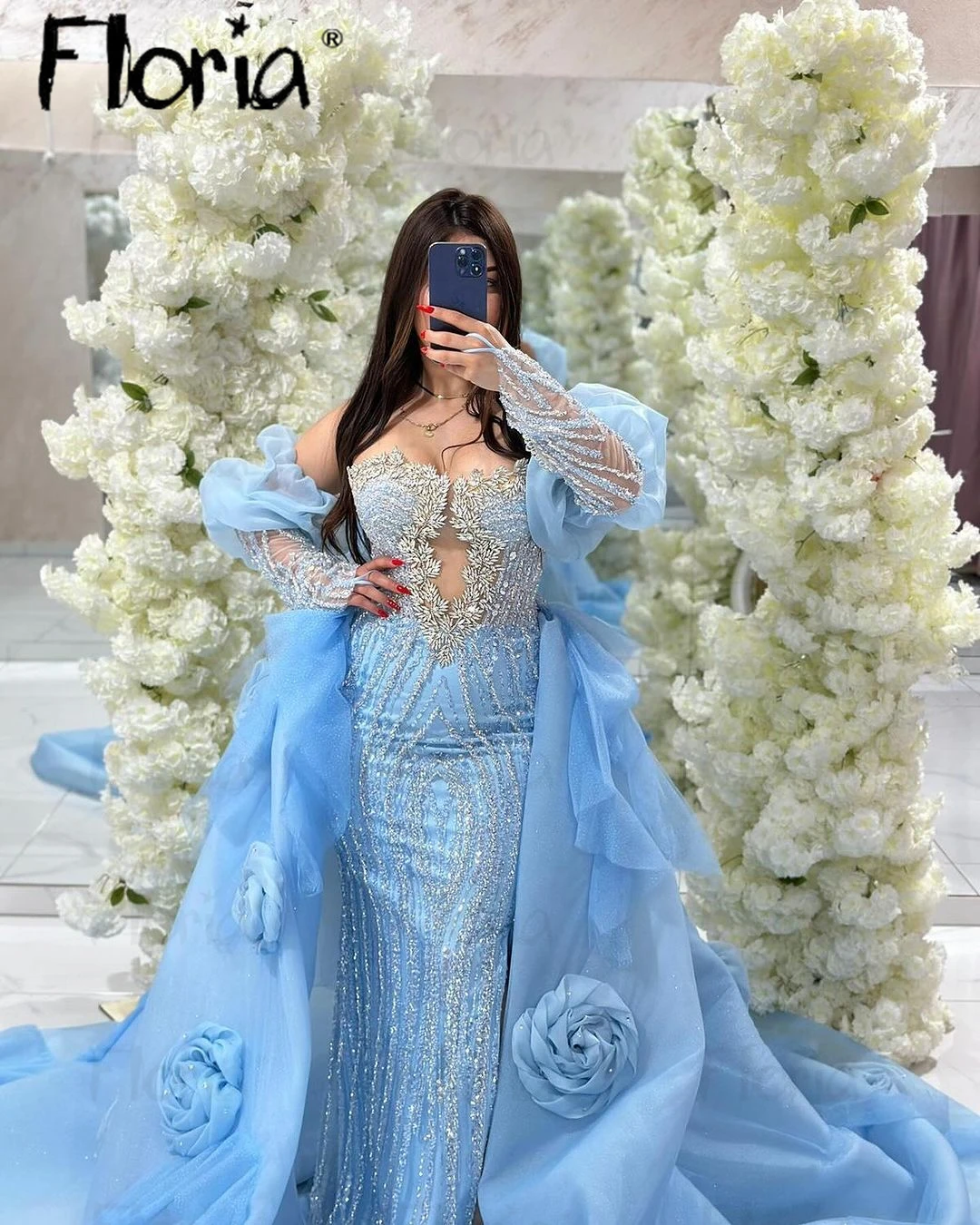 Floria Sky Blue 2pieces Prom Gown Crystals Covered Duabi Off Shoulder Long Sleeve Mermaid Evening Dress Wedding Party Dresses