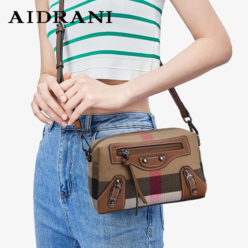 Aidrani  Classic and quirky motorcycle bag, genuine leather women\'s checkered shoulder bag, retro square mini crossbody bag