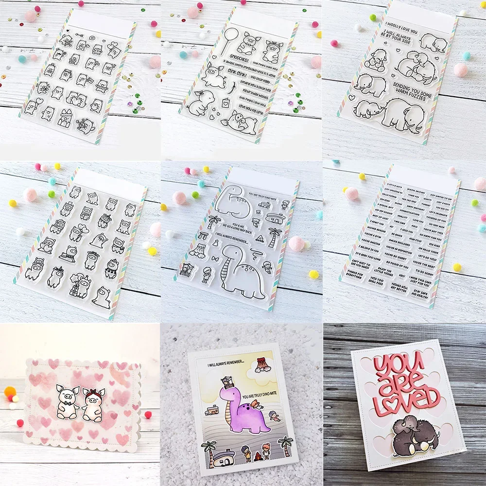 Mammoth Love Hogs and Kisses Stanzformen und Stempel, kleiner Bär, Dinosaurier-Sentiment-Wörter, Stempel für DIY-Scrapbook-Kartenherstellung
