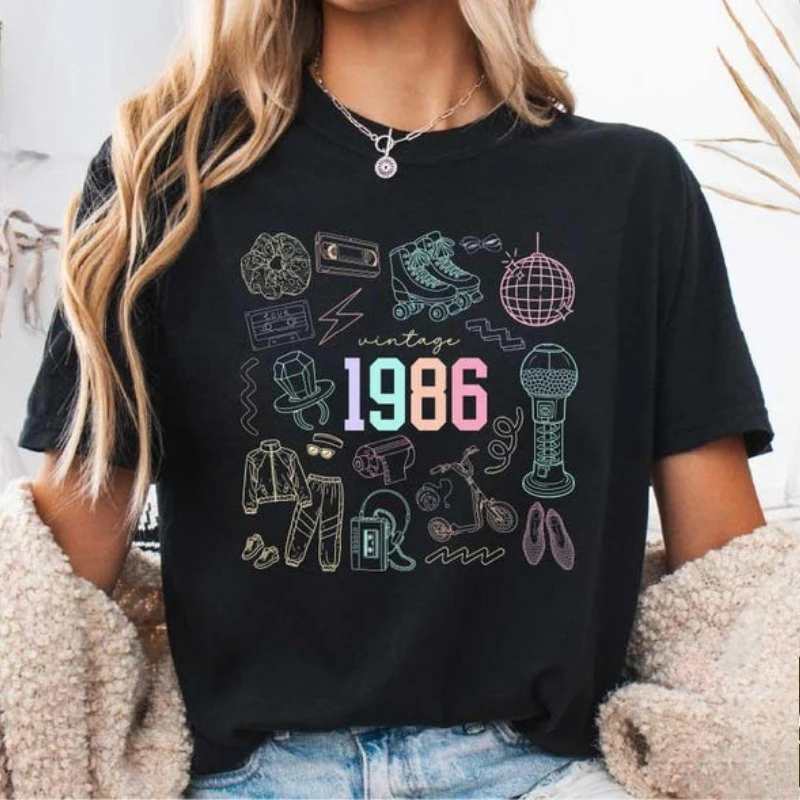 

Vintage 1986 Shirt 40th Tee Birthday Doodle Gift 40 Years Old Celebration Printed T-shirt Tops Era Bday Party Casual Streetwear