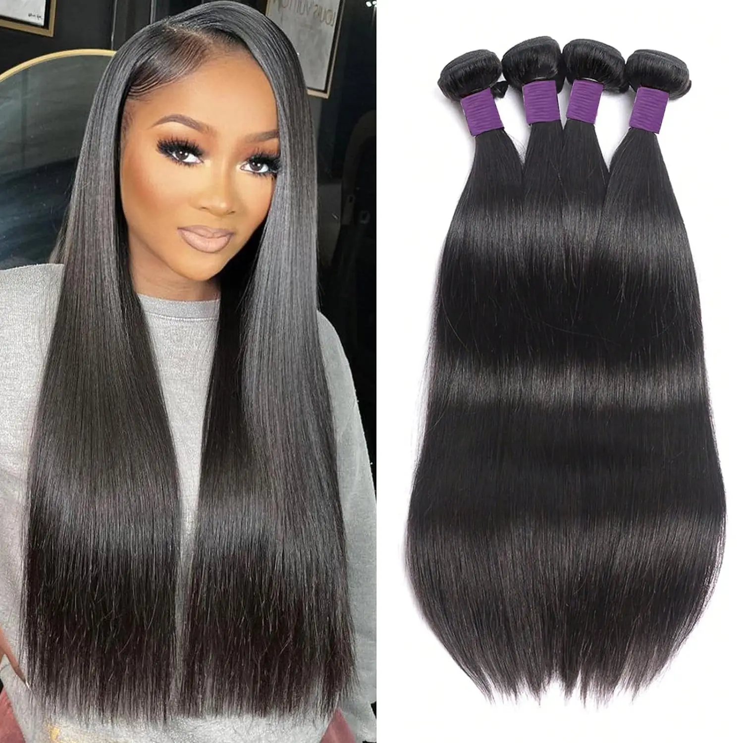 Brazilian Virgin Straight Hair 2/3/4 Bundles (18 20 22 24 Inch) 10A Brazilian Straight Hair Bundles 100% Unprocessed Virgin Hair