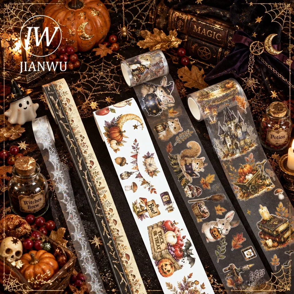 jianwu-ハロウィン柄のレトロなカボチャ、動物、風景の素材を組み合わせたコラージュ用テープ5巻セット。クリエイティブなdiyジャーナルや文具に。