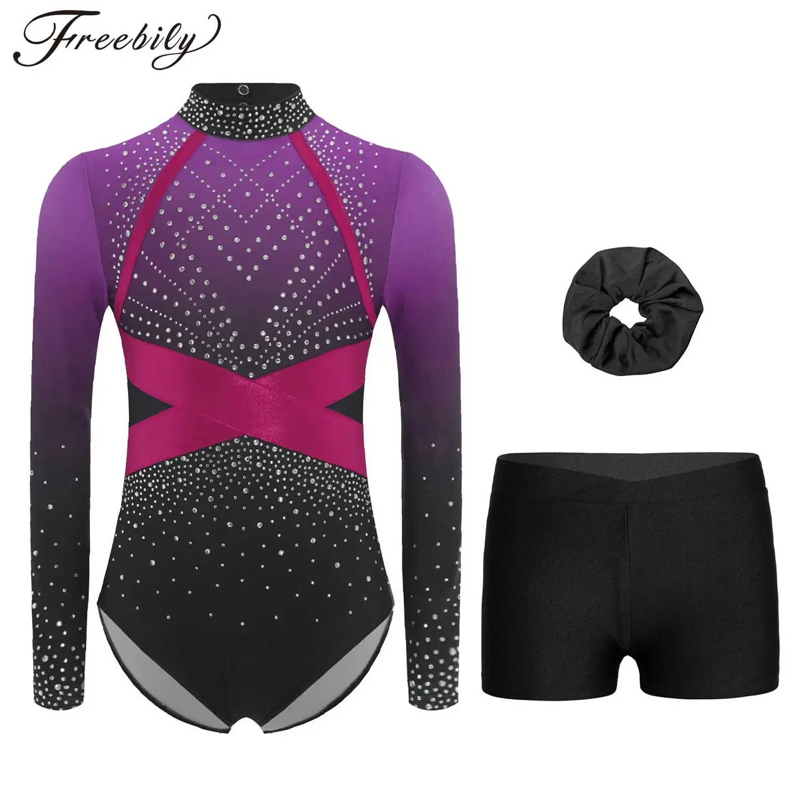 Conjuntos de gimnasia de ballet para niñas, conjunto deportivo con diamantes de imitación brillantes y patrones de bloques de color