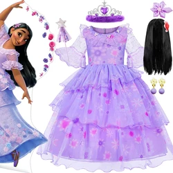 Encanto Birthday Charm Isabela Costume Girl Disney Princess Cosplay Costume Kids Purple Layered Print Frocks Elegant Gowns