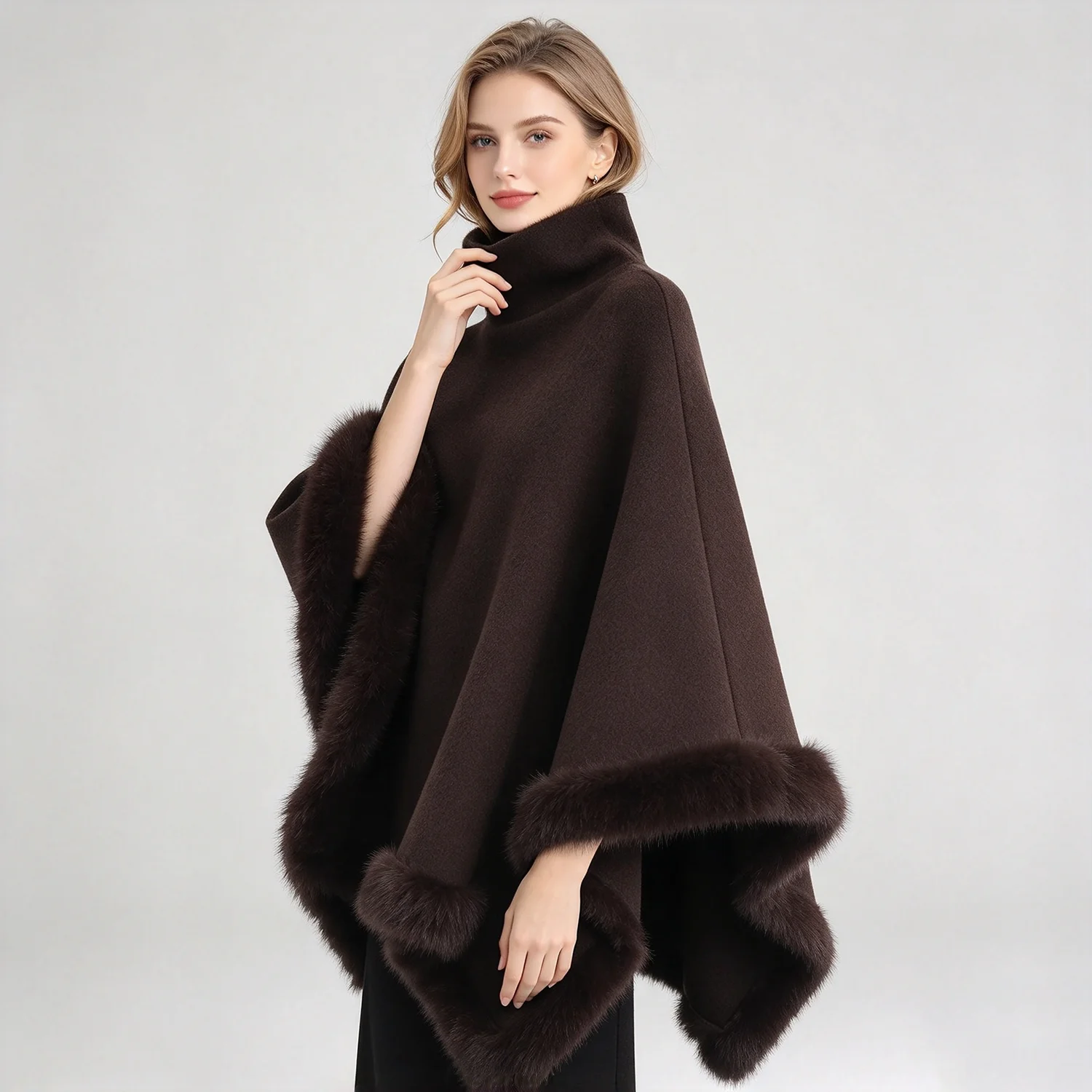 LIMO Women High Neck Cape Coat Faux Fur Trim Poncho Warm Autumn Winter Cloak Shawl Wrap
