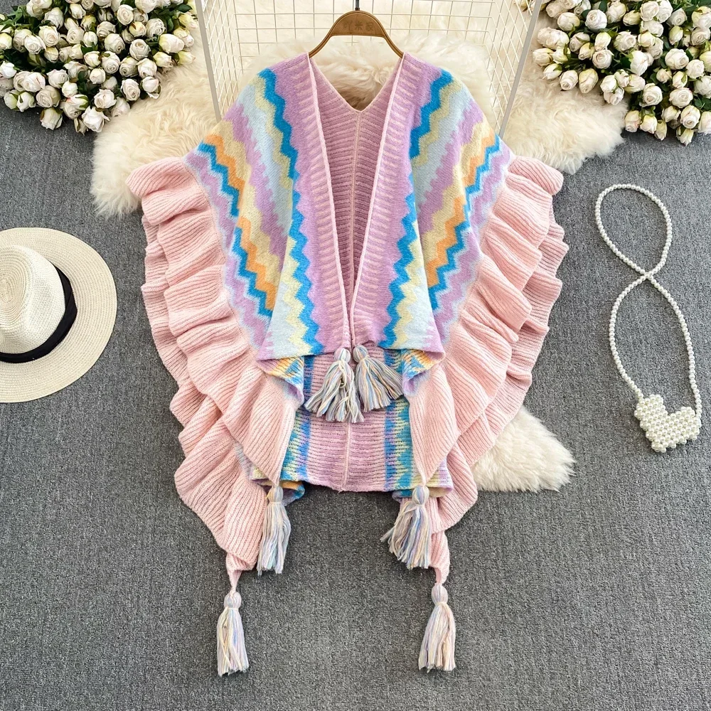 Ethnic Style Knitted Cardigan Women Ruffles Striped Tassel Female Sweaters Ladies Bohemia Holiday Autumn Cardigans Dropshipping