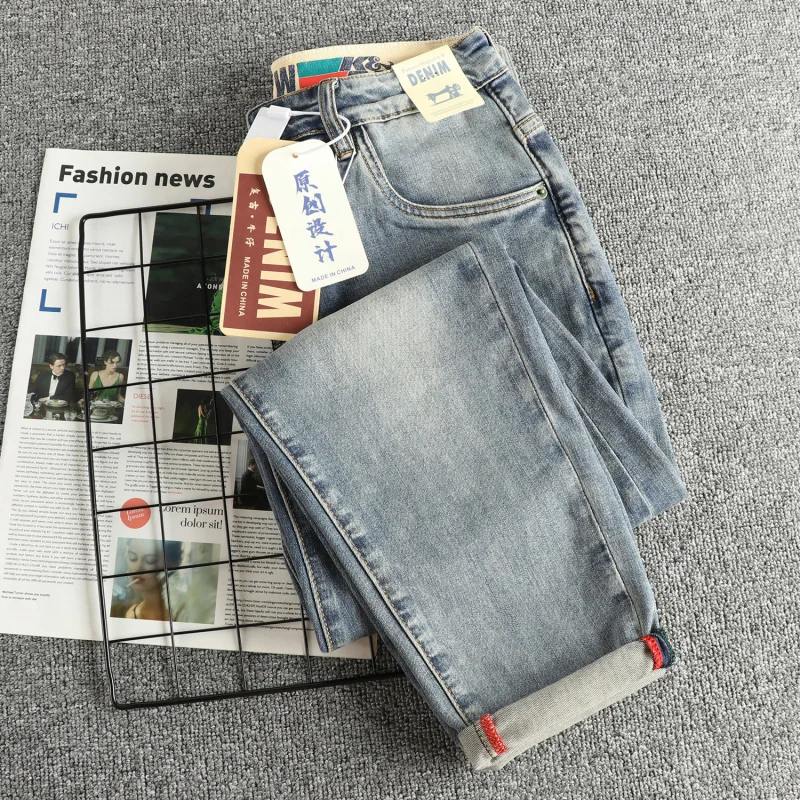 Vintage blauwe jeans heren trendy mode streetwear high-end casual broek