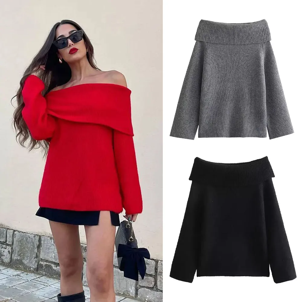 2024 Women\'s Fashion Solid Off Shoulder Sweaters Casual Long Sleeve Folding Slim Fit Pullover Autumn Female Sexy Knitted Tops