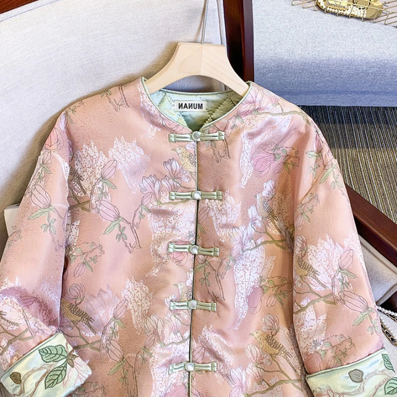 Ethnic Style Satin Jacquard Chinese Cotton Coat Women Round Neck Irregular Split Embroidery Coat Tang Suit