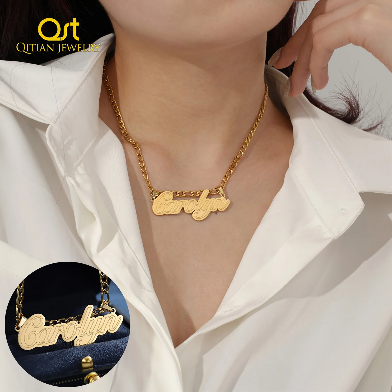 Qitian Custom Name Necklace Texture Pendant Gold Silver Nameplate Personalized Jewlery  Gift For Women Stainless Steel Necklaces