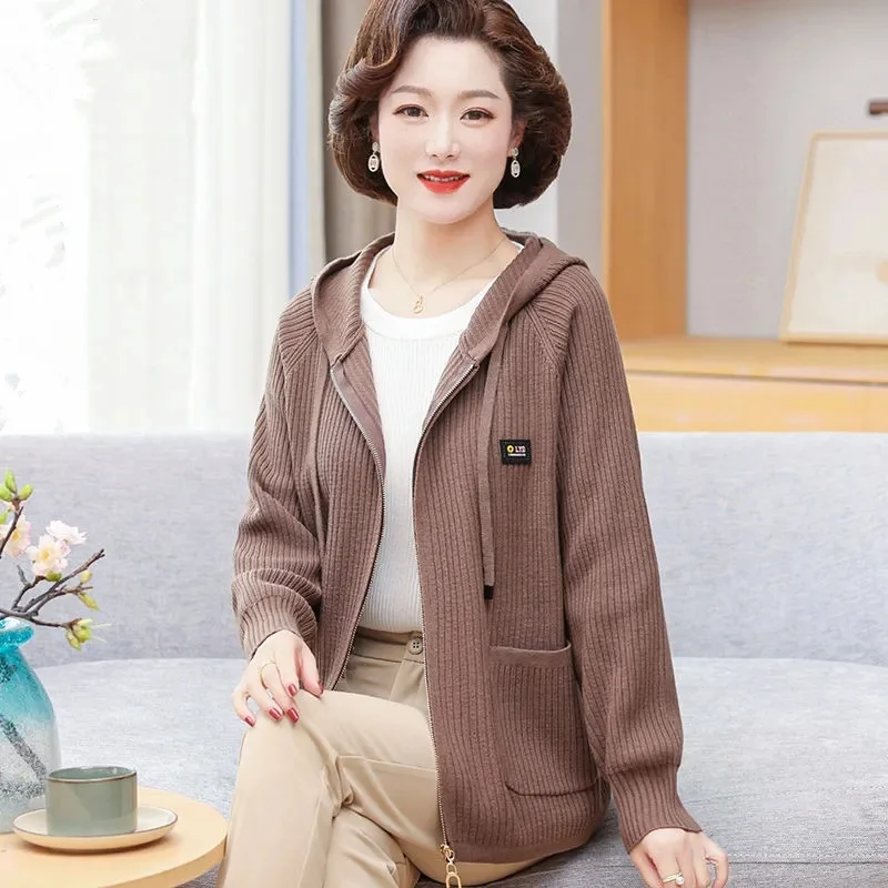 2023 New Mom Spring Autumn Fashion Foreign Style Coat 40 Year Old 50 Middle Aged and Elderly Women\'s Leisure Top Hooded Cardigan