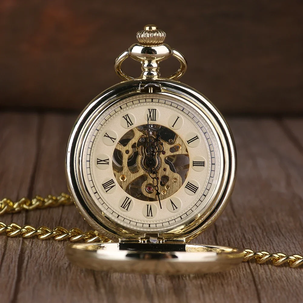 Luxury Fashion Golden Gear Hollow Hand Wind Mechanical Pocket Watch Men Women Pendant Chain Fob Watch Gifts