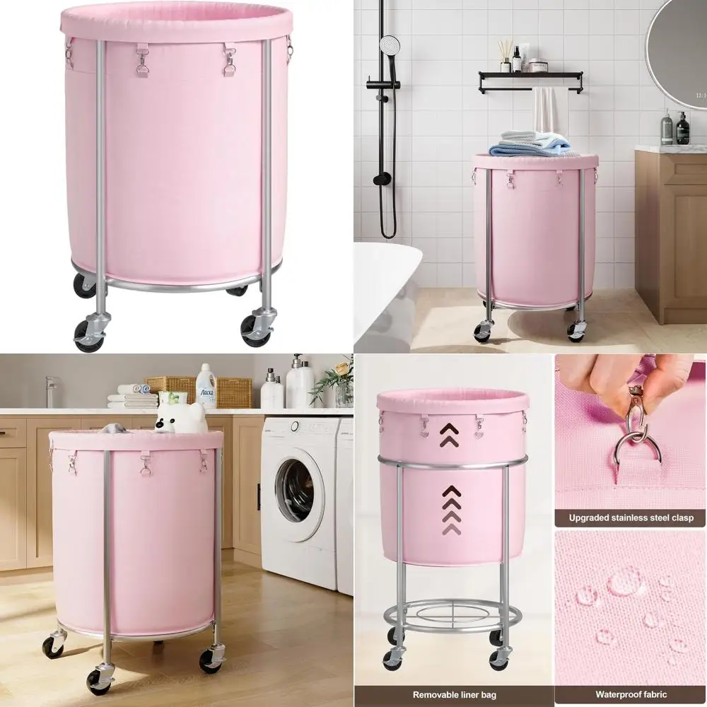 

Корзина для белья на колесиках 170 л с съемным мешком и тормозами - идеально подходит для домашнего использования, розовая
