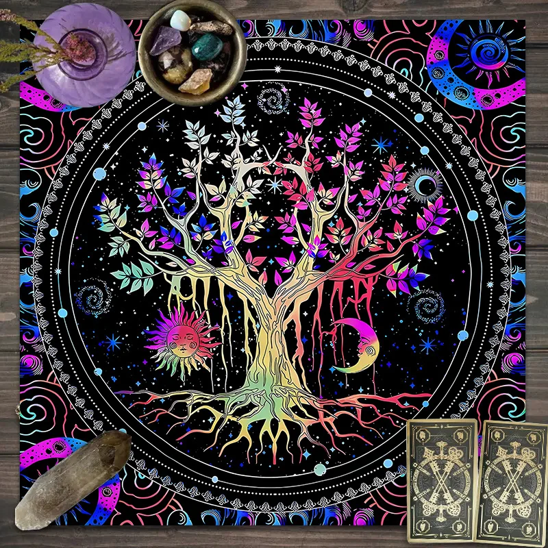 50/75/110/137cm Tarot Tablecloth Mysterious Starry Sky Tree of Life Tarot Game Polyester Card Table Mat Wet Altar Tablecloth