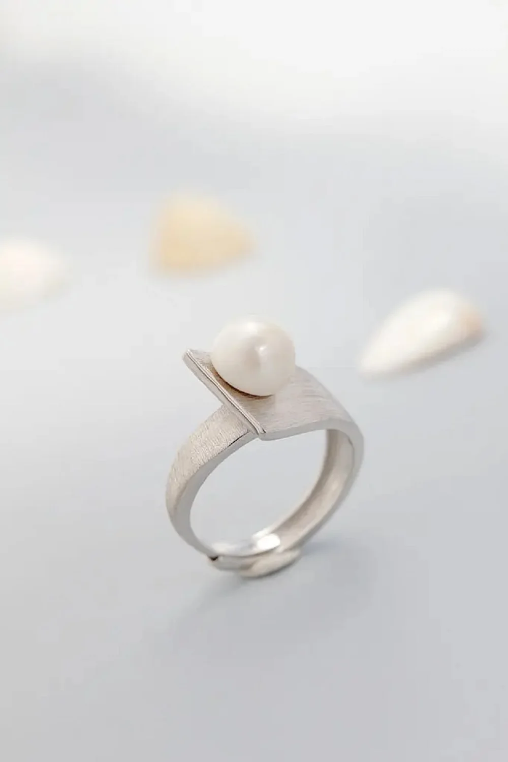 925 sterling silver geometric trapezoid ring with natural pearl brushed ring AAA8-9mm