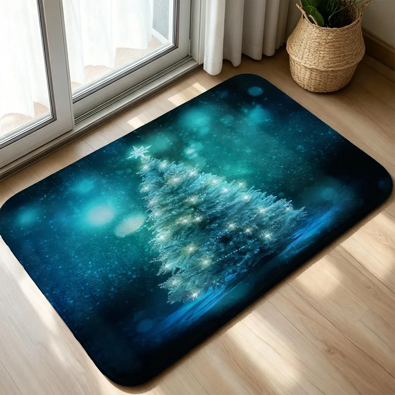 Snowy Light Up Christmas Tree Doormat Winter Snow Night Scene Print Indoor Entryway Floor Rug Merry Xmas Holiday Area Carpet
