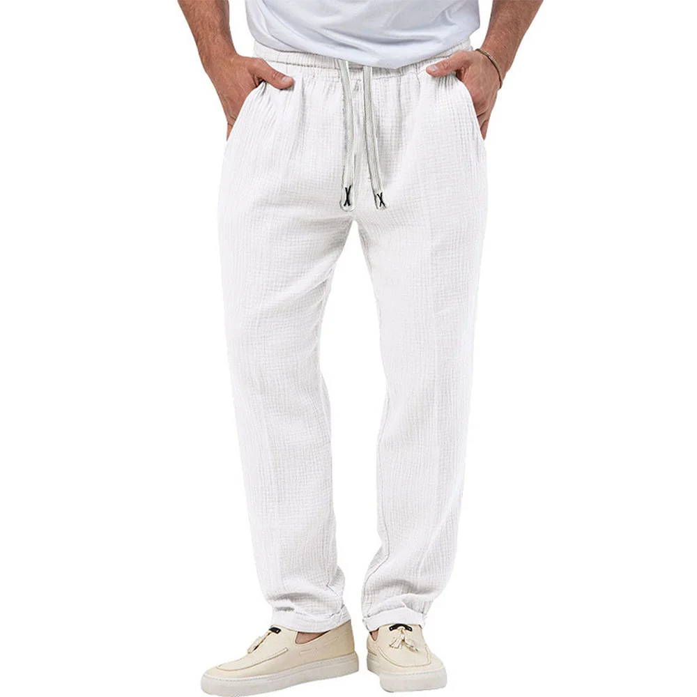 

Men's Casual Long Pants Cotton Breathable Soft Fabric Solid Color Elastic Waist Straight Leg Trousers Simple Style Male Pants