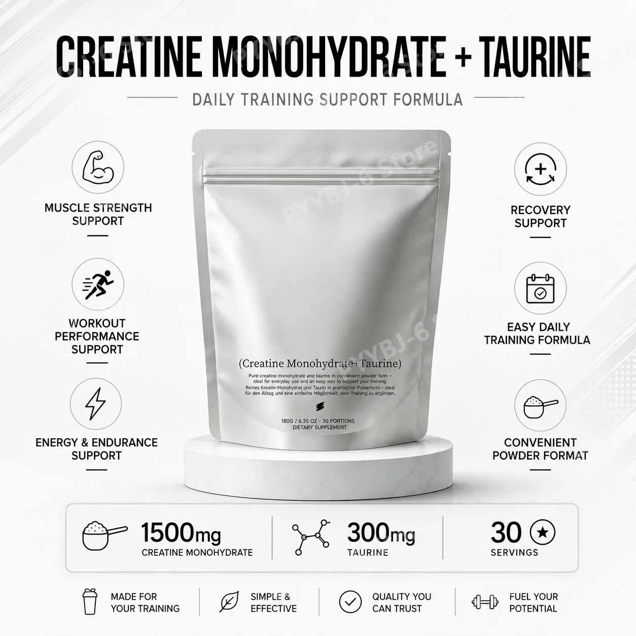 Creatine Monohydrate Taurine Powder 180g Fine Texture Quick Dissolving Workout Performance Energy Endurance Support 30 Servings