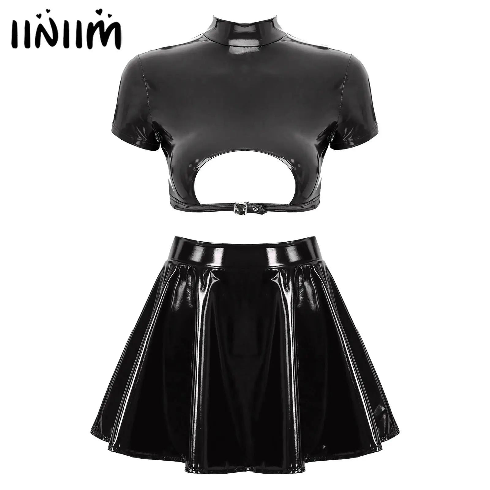 

Womens Glossy Patent Leather Lingerie Set Clubwear Short Sleeve Cutout Back Zipper Crop Top with A-Line Flared Skirt Rave Outfit