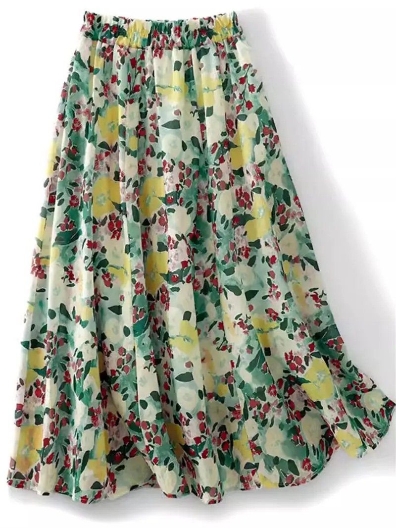 Saia de linho e algodão estampado verde para mulheres, saia midi clara, moda elegante, linha A, K2112, verão