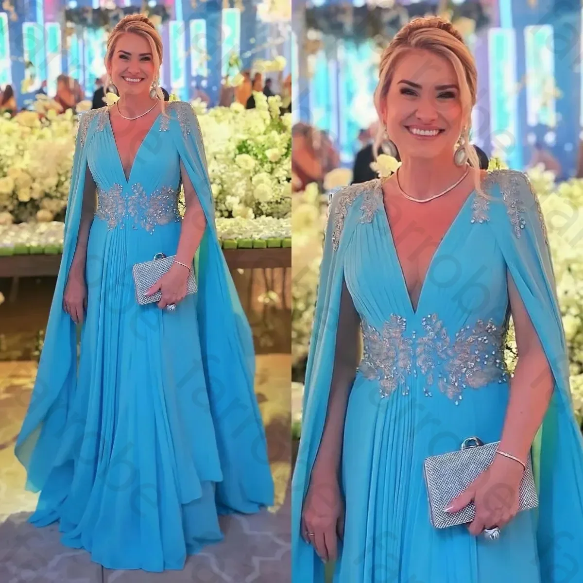 Personalizado elegante azul mãe vestidos de noiva capa com decote em v vestido de convidado de casamento frisado appliqued cintura até o chão vestidos de noite