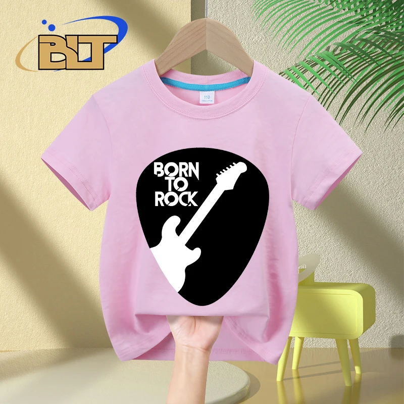 Guitar Born To Rock Printed Kids T-Shirt Summer Children\'s Cotton Short-Sleeved Casual Tops Boys and Girls Gifts